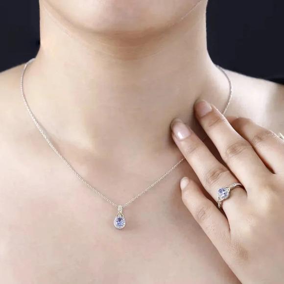 Tanzanite, White Zircon Infinity Halo Ring (Size 7.0), Pendant Necklace 20" 925 - Picture 3 of 14